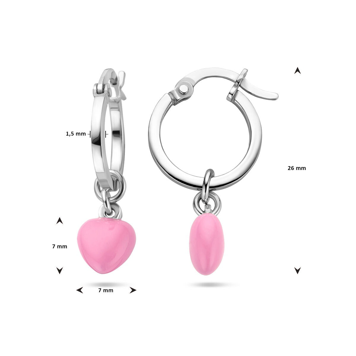 Orecchini a cerchio in argento per bambini – rodiati con cuore smaltato rosa