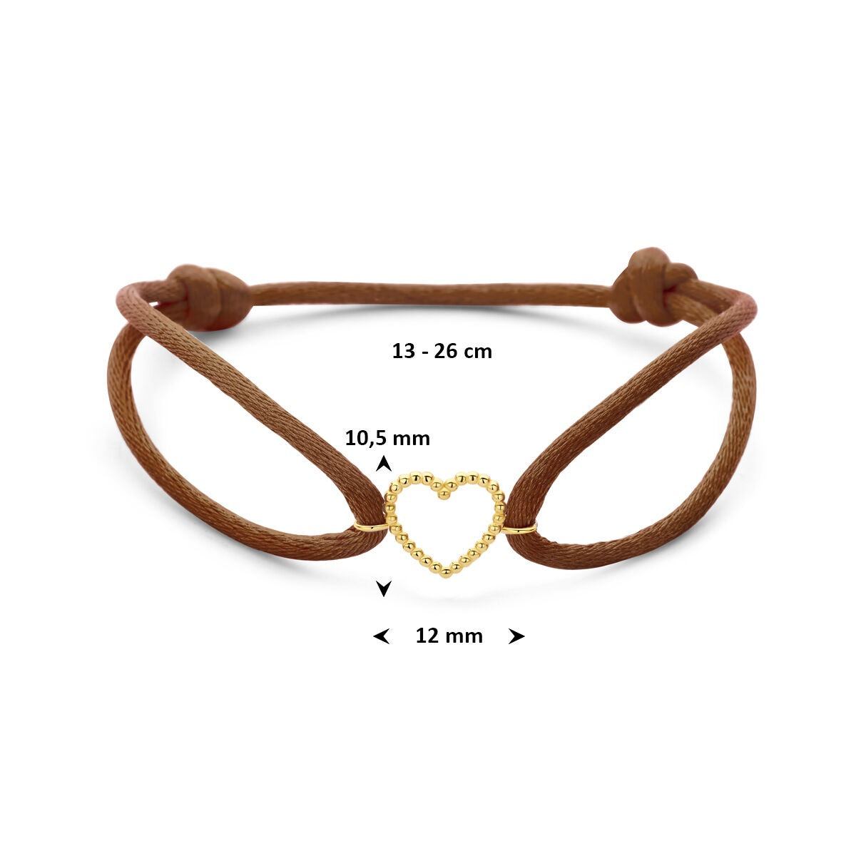 Bracciale da donna in raso marrone con cuoricino in oro giallo 14k – Raffinato simbolo d'amore