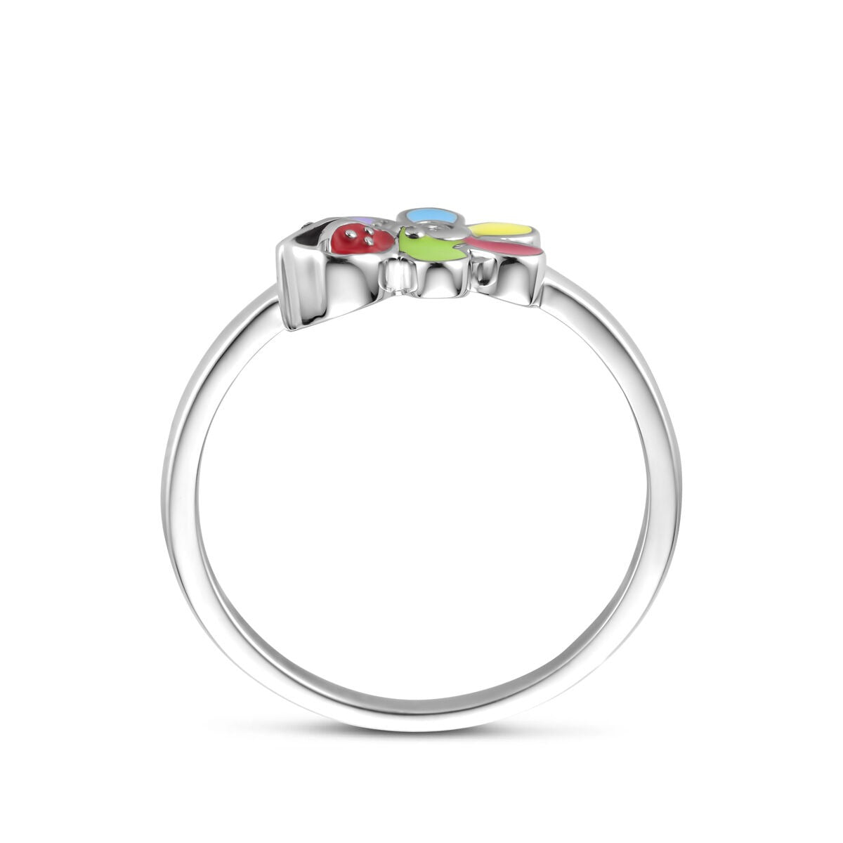 Anello da bambina in argento con zirconia, fiore e coccinella