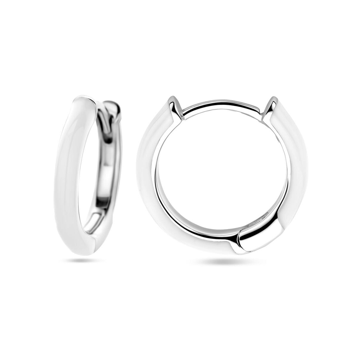 Orecchini a cerchio in argento rodiato con smalto bianco