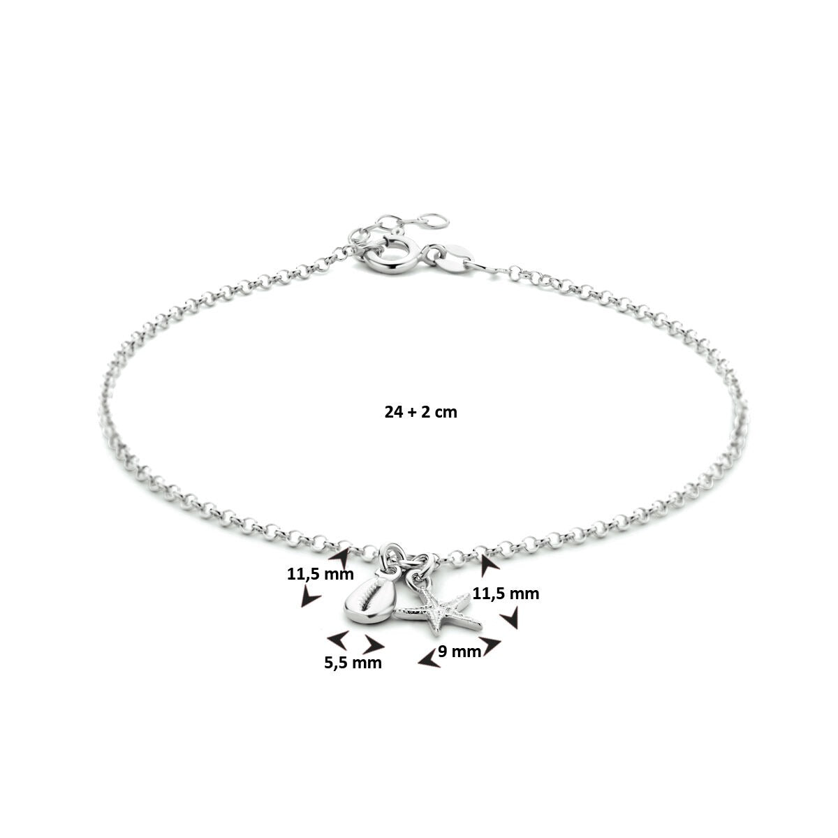 Cavigliera in argento rodiato con stella e conchiglia – 24-26 cm