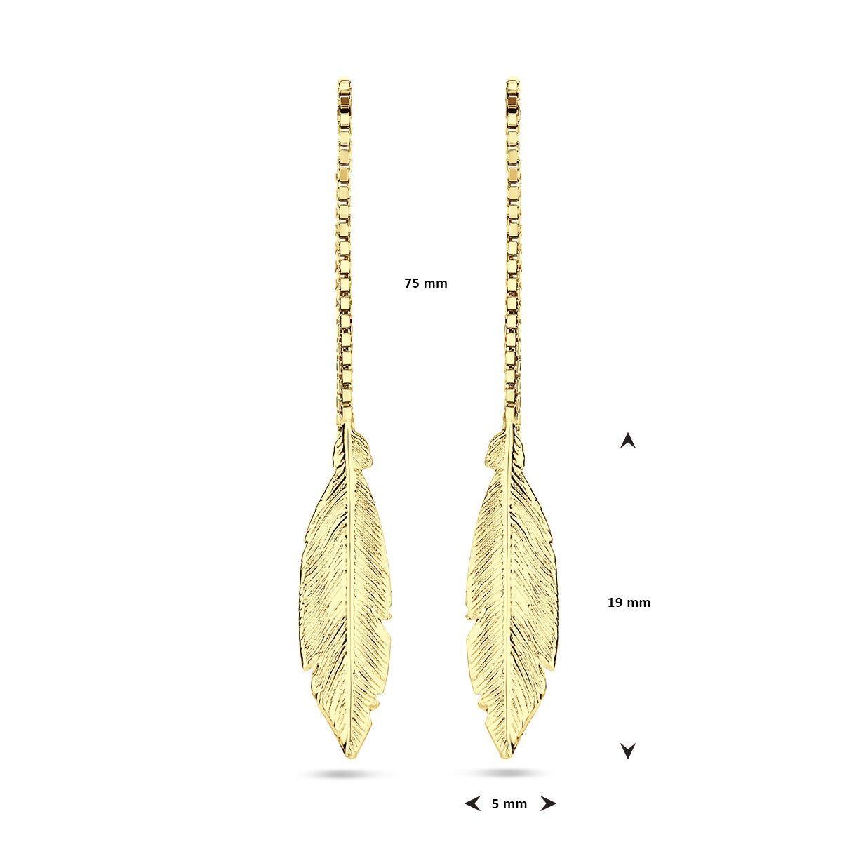Orecchini a catenina passante color oro con piuma – rodiati 925