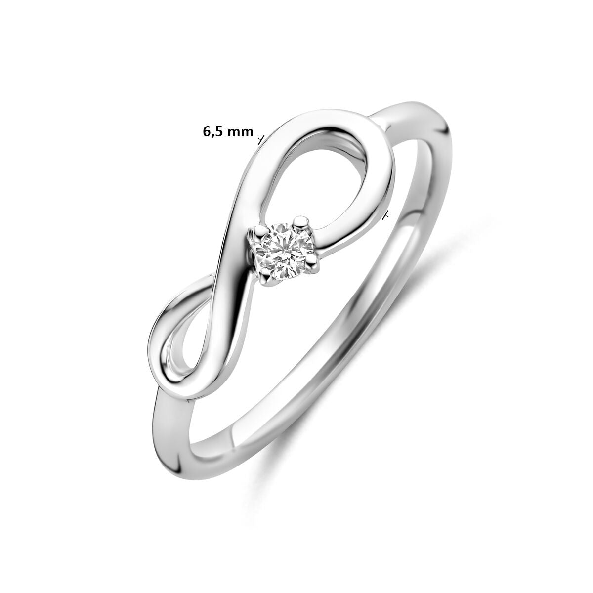 Anello da donna in argento rodiato con simbolo infinito e zircone – larghezza 6,5 mm