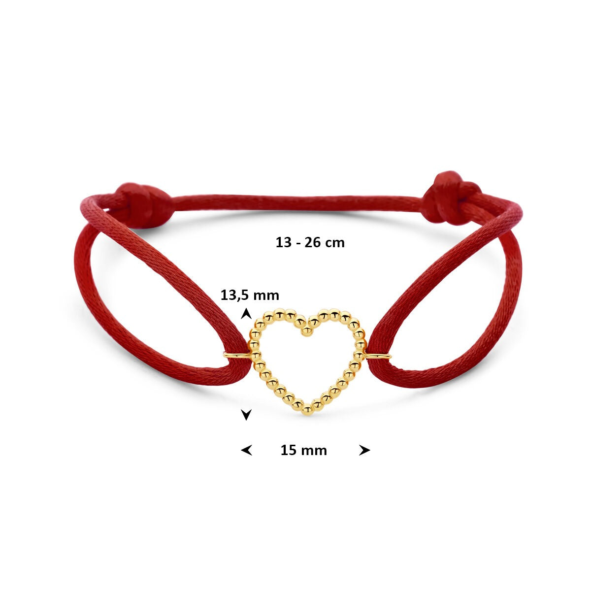 Bracciale in raso rosso con cuore in oro 14k