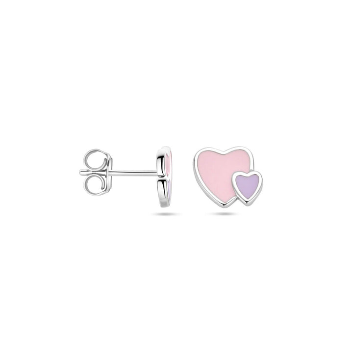 Zilveren kinder oorknoppen – hartjes met roze en paars emaille