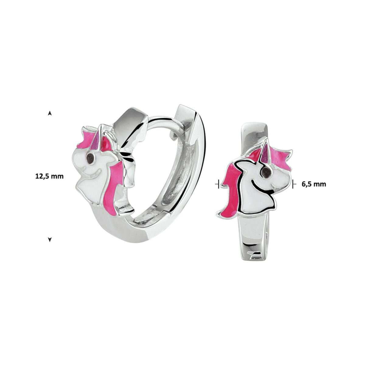 Orecchini a cerchio per bambini in argento rodiato con unicorno in smalto