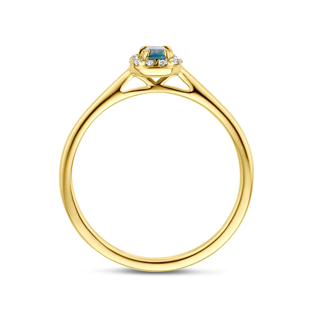 Anello entourage in oro giallo 14k con topazio London blue e diamante lab grown