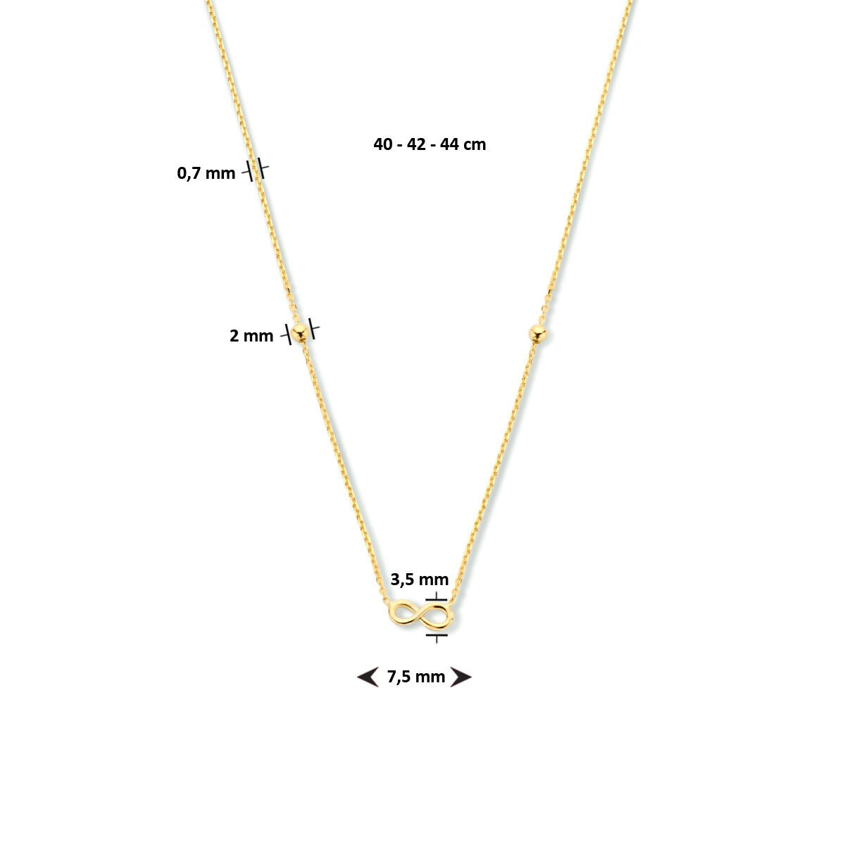 9k Geelgouden collier met infinity hanger en bolletjes