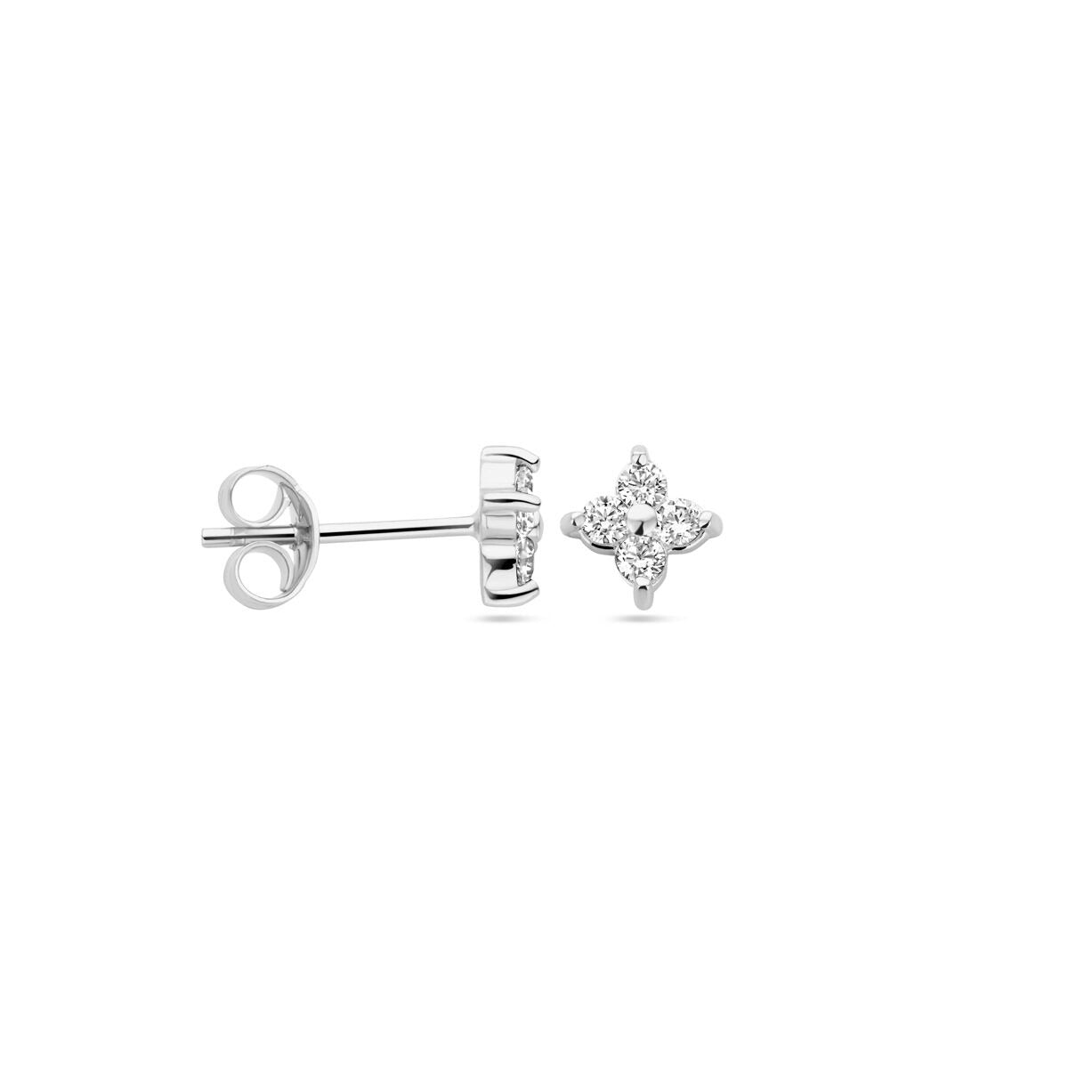 Orecchini a bottone da donna in argento con fiore e zirconi – rodiato 5 mm