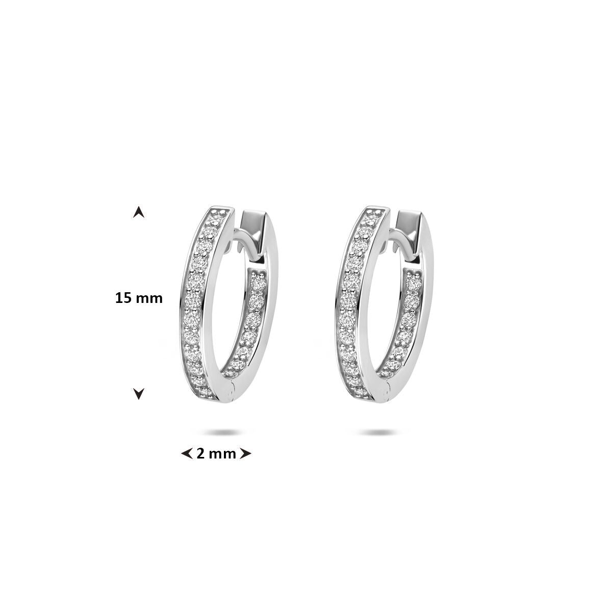 Orecchini a cerchio con chiusura a scatto in argento con zirconi – argento 925 rodiato 15 mm