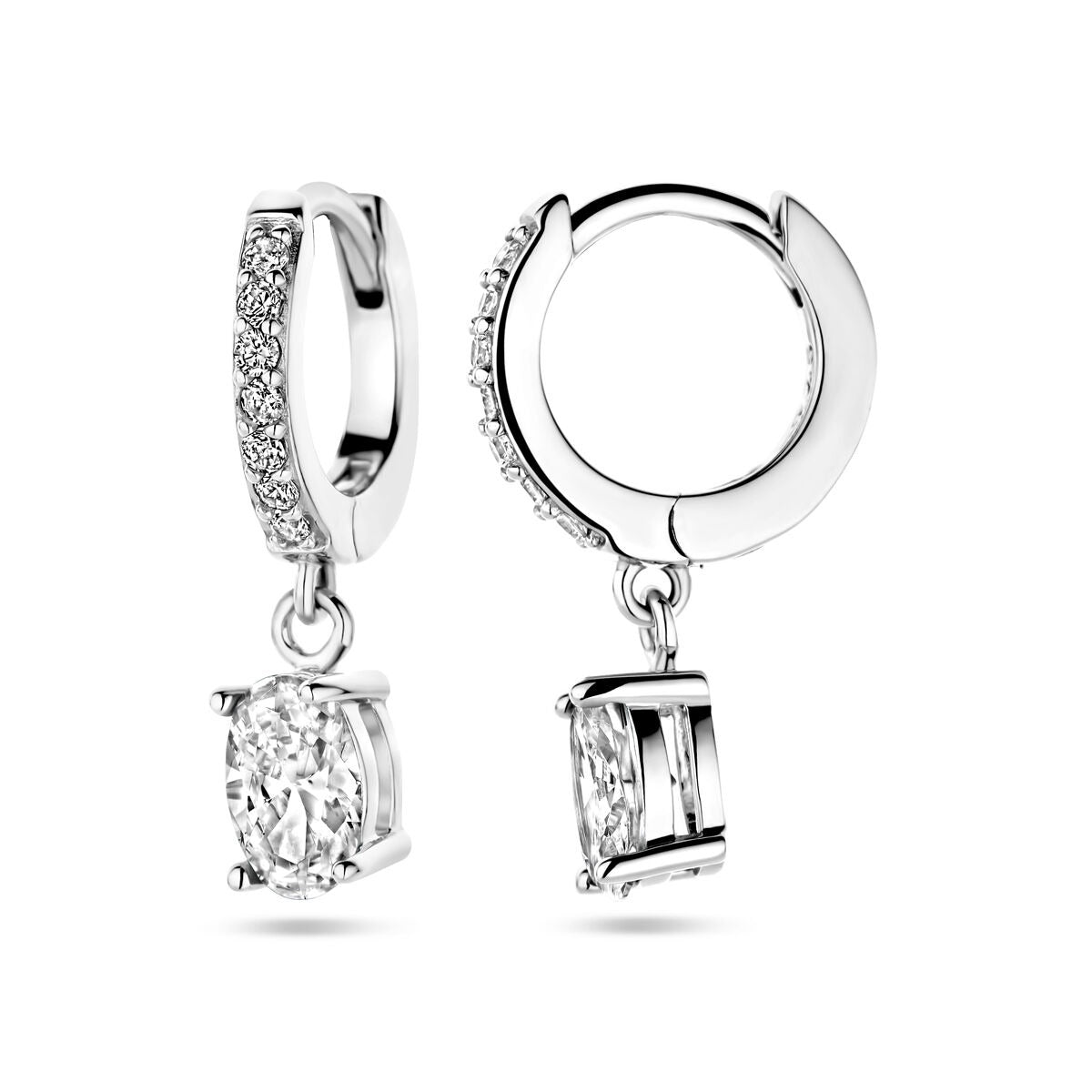 Orecchini a cerchio in argento rodiato con zircone ovale in montatura entourage