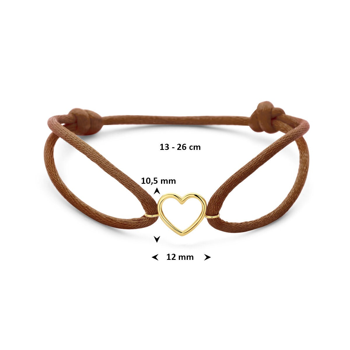 Bracciale da donna in raso marrone con cuoricino in oro giallo 14k – Sottile simbolo d'amore in tonalità calde
