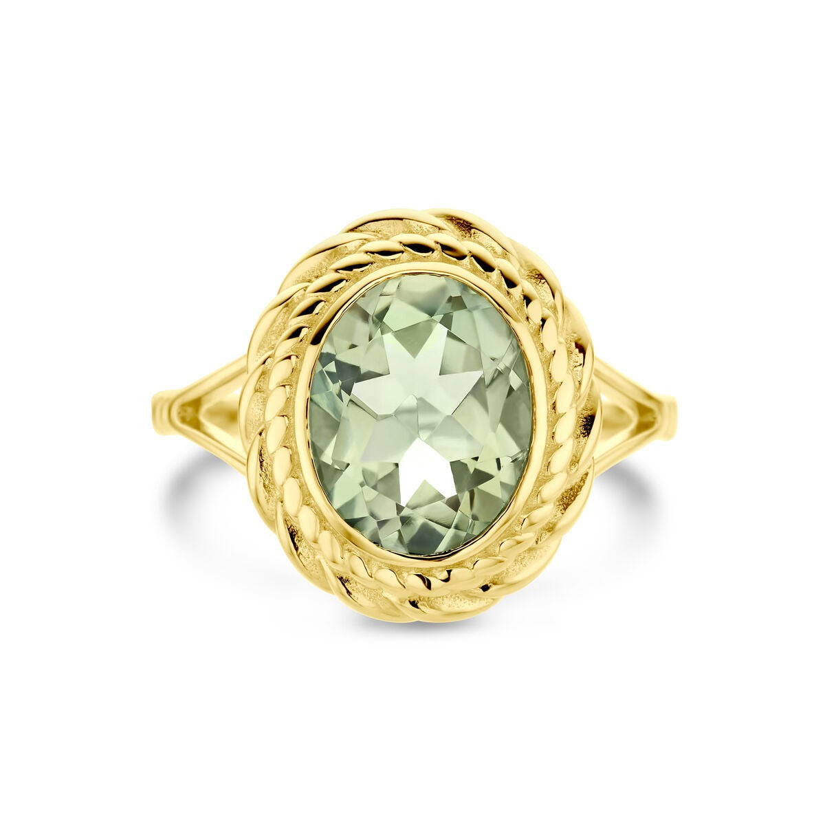 Anello in oro 14k con ametista verde – incastonatura entourage