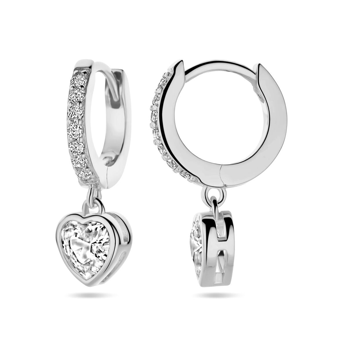 Orecchini a cerchio in argento rodiato con zircone a forma di cuore