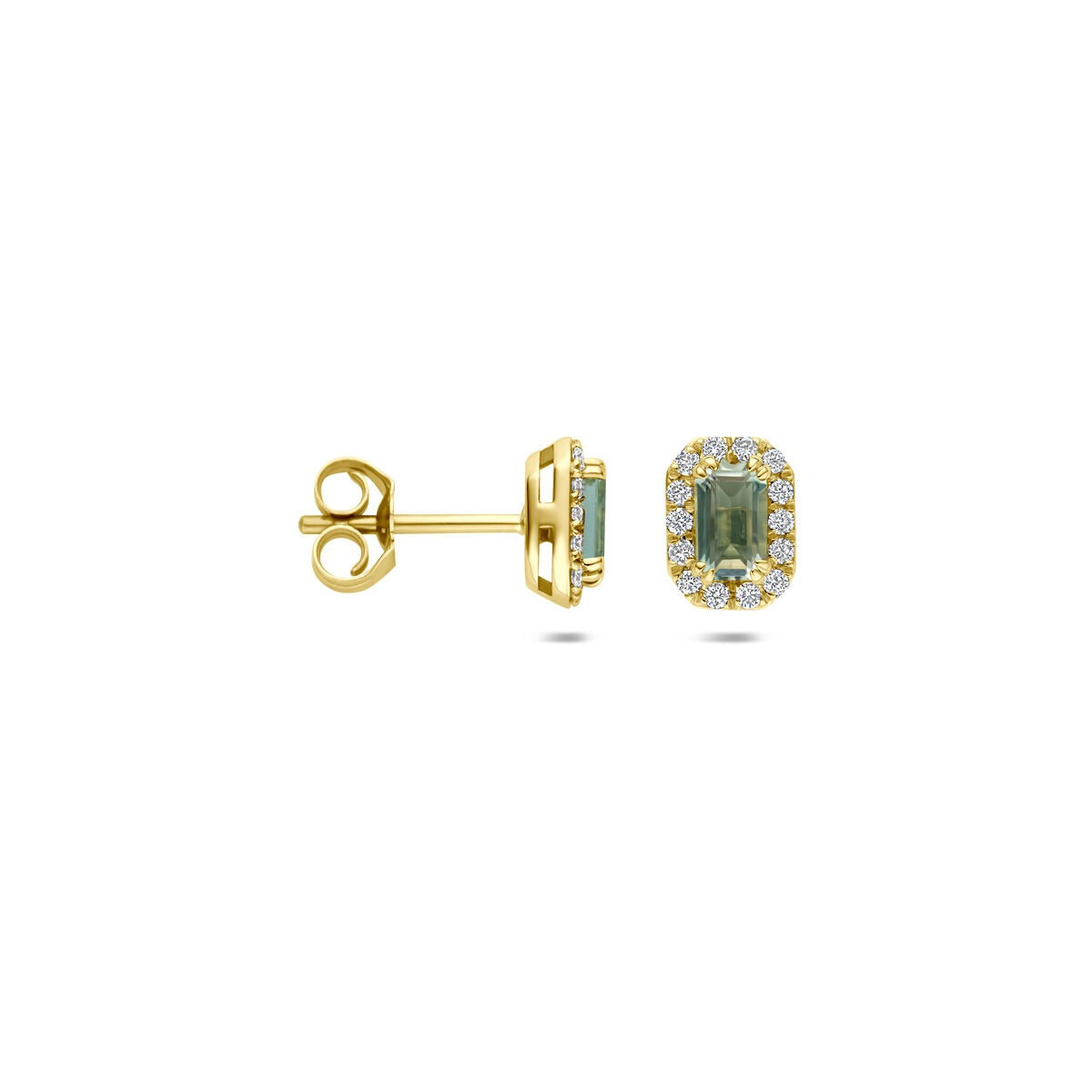 Orecchini a lobo in oro giallo 14k con ametista verde e diamante lab grown