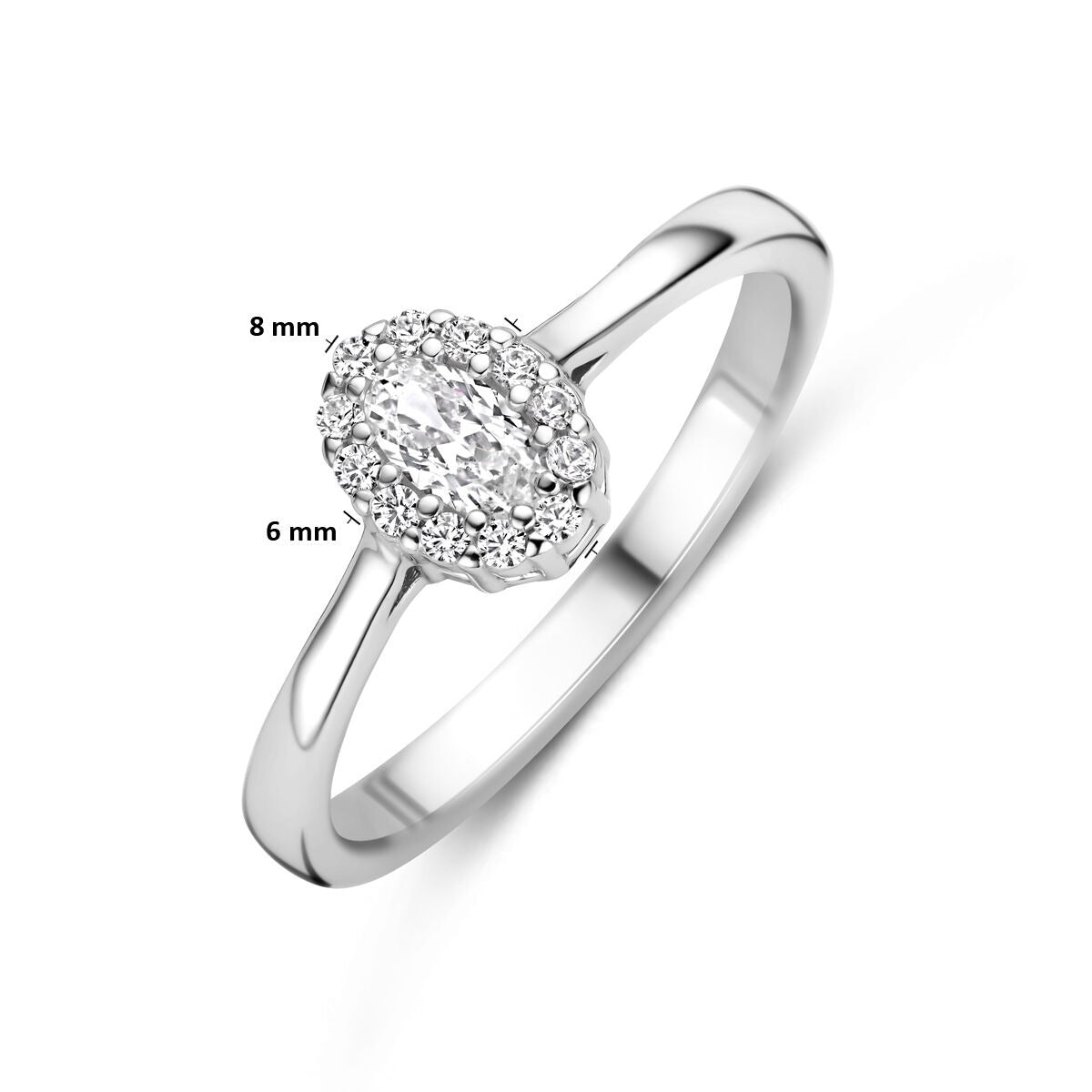 Anello da donna in argento con zircone ovale e castone a entourage