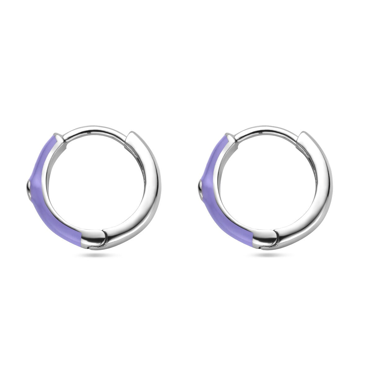 Orecchini alla creola argentati con zircone e smalto viola, finitura rodiata, diametro 15 mm.