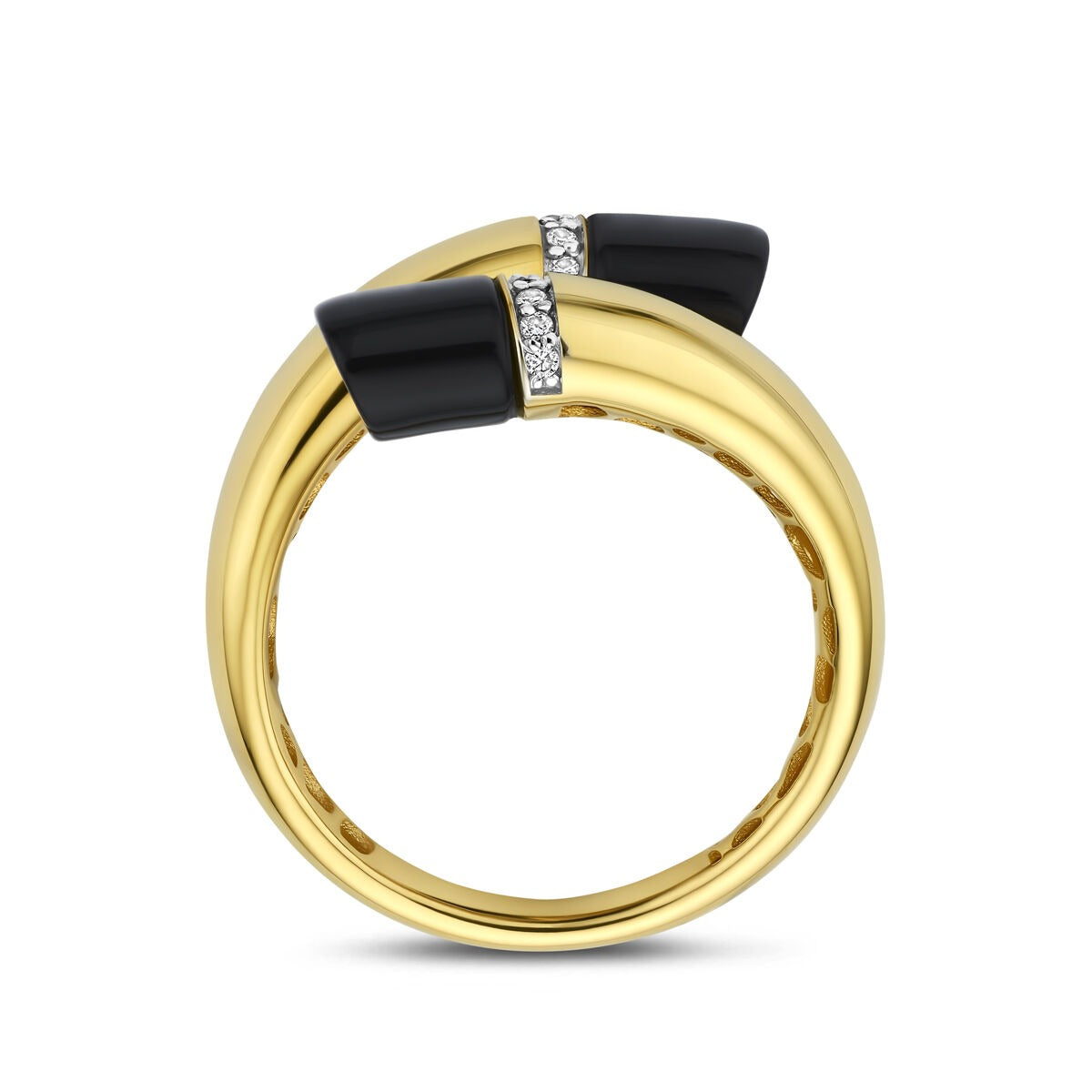 Anello da donna in oro giallo 14k con onice e diamante – larghezza 16 mm