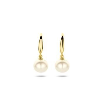 Orecchini in oro giallo 9k con perla di acqua dolce, forma rotonda e finitura lucida.