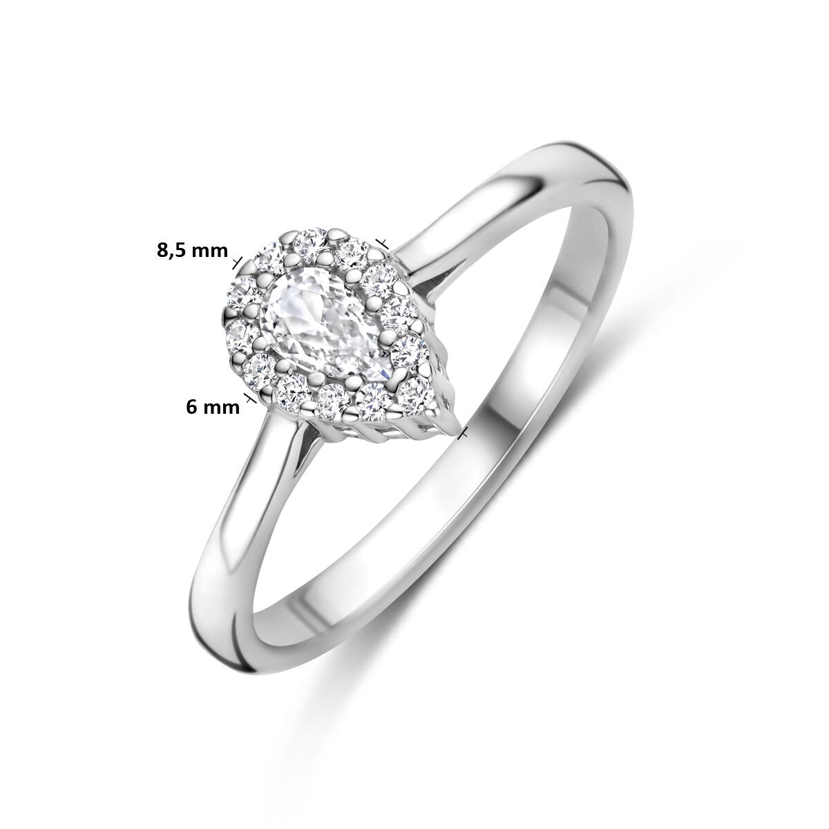 Anello da donna in argento con zircone taglio a pera e montatura entourage