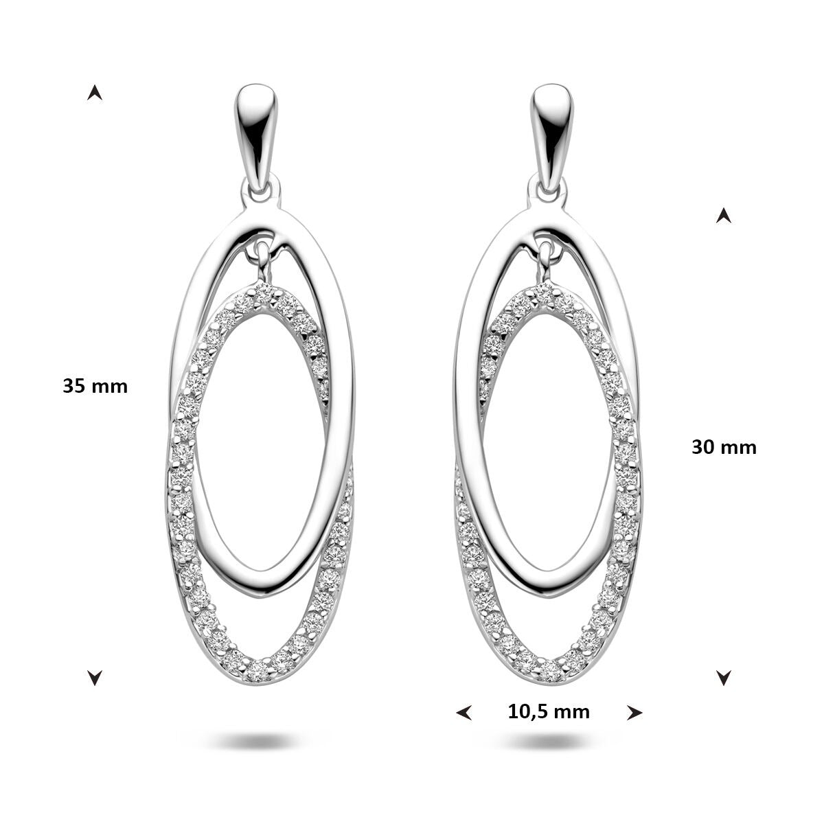 Orecchini pendenti in argento con zirconia – design ovale rodiato 35 mm