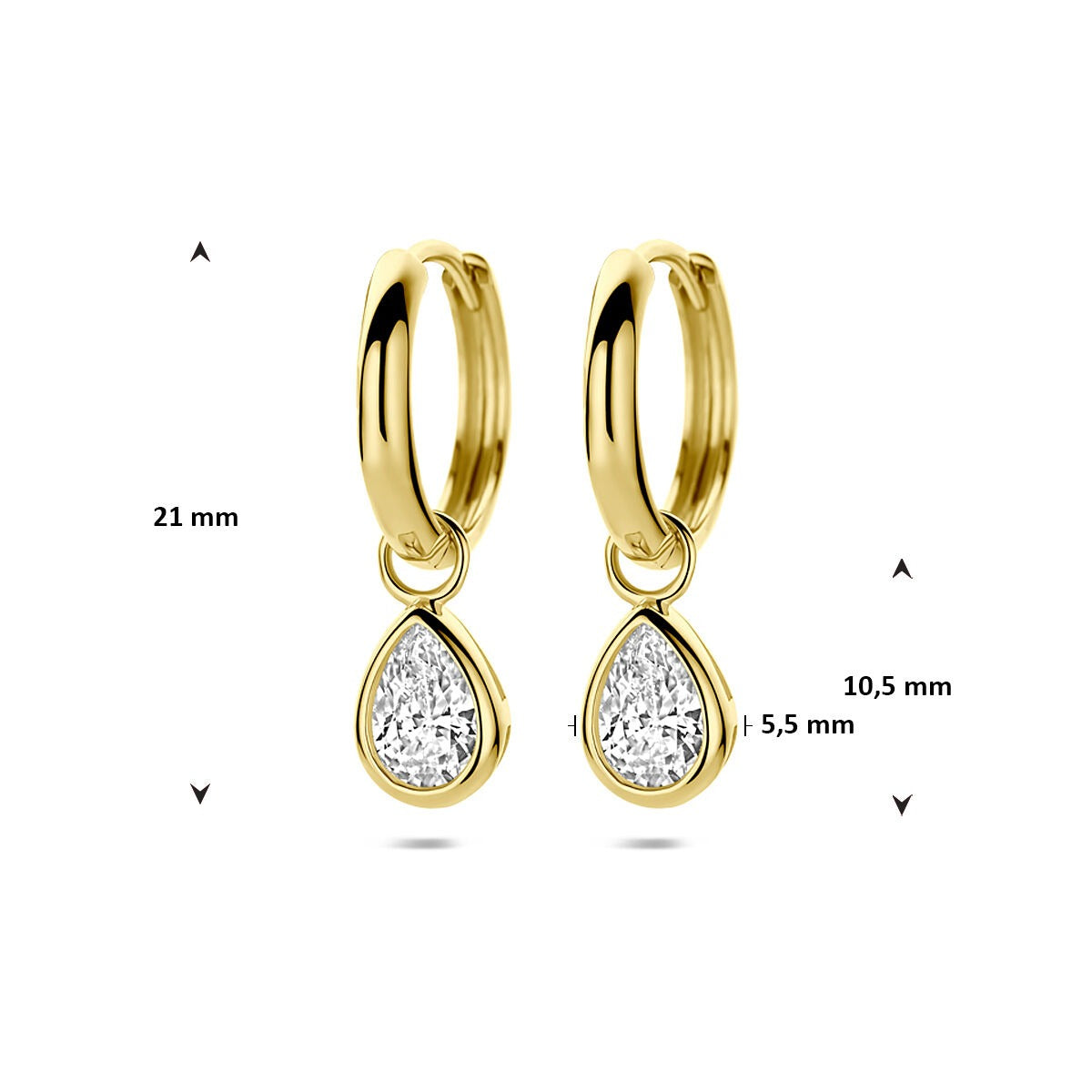 Orecchini a cerchio in oro giallo 14k con zircone a forma di pera