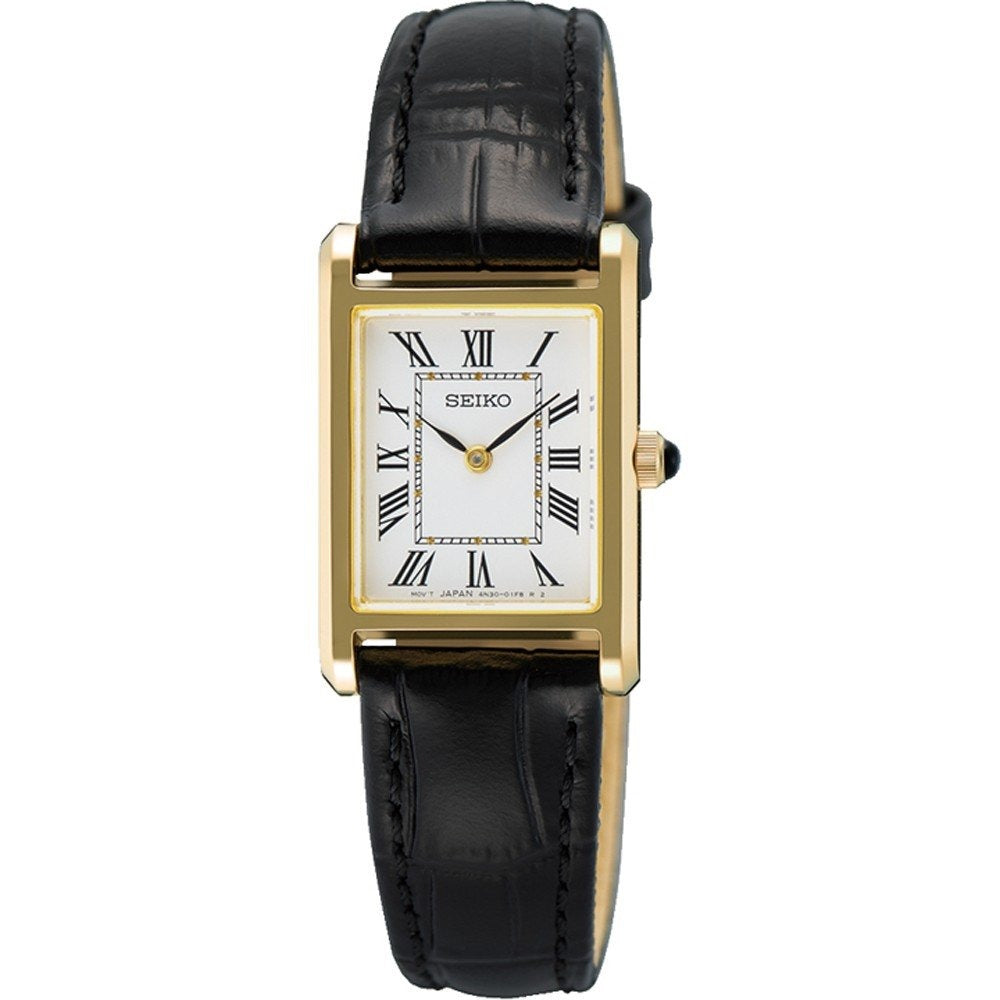 Orologio Seiko con cassa dorata, quadrante bianco e cinturino in pelle nera.
