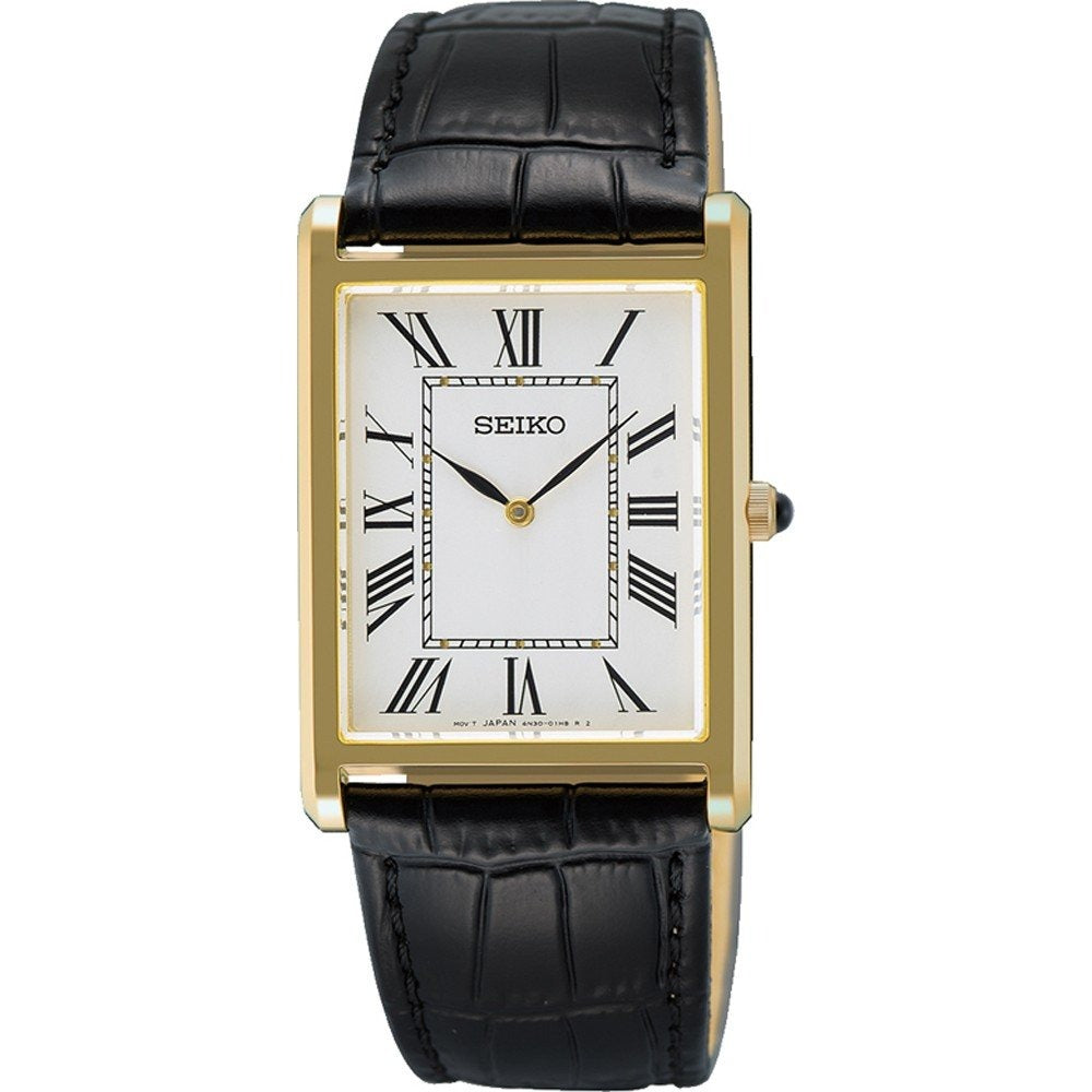 Orologio Seiko con cassa rettangolare dorata, quadrante bianco e cinturino in pelle nera.