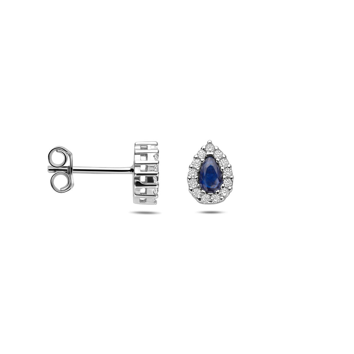 Orecchini a bottone in argento rodiato con zaffiro e zirconia