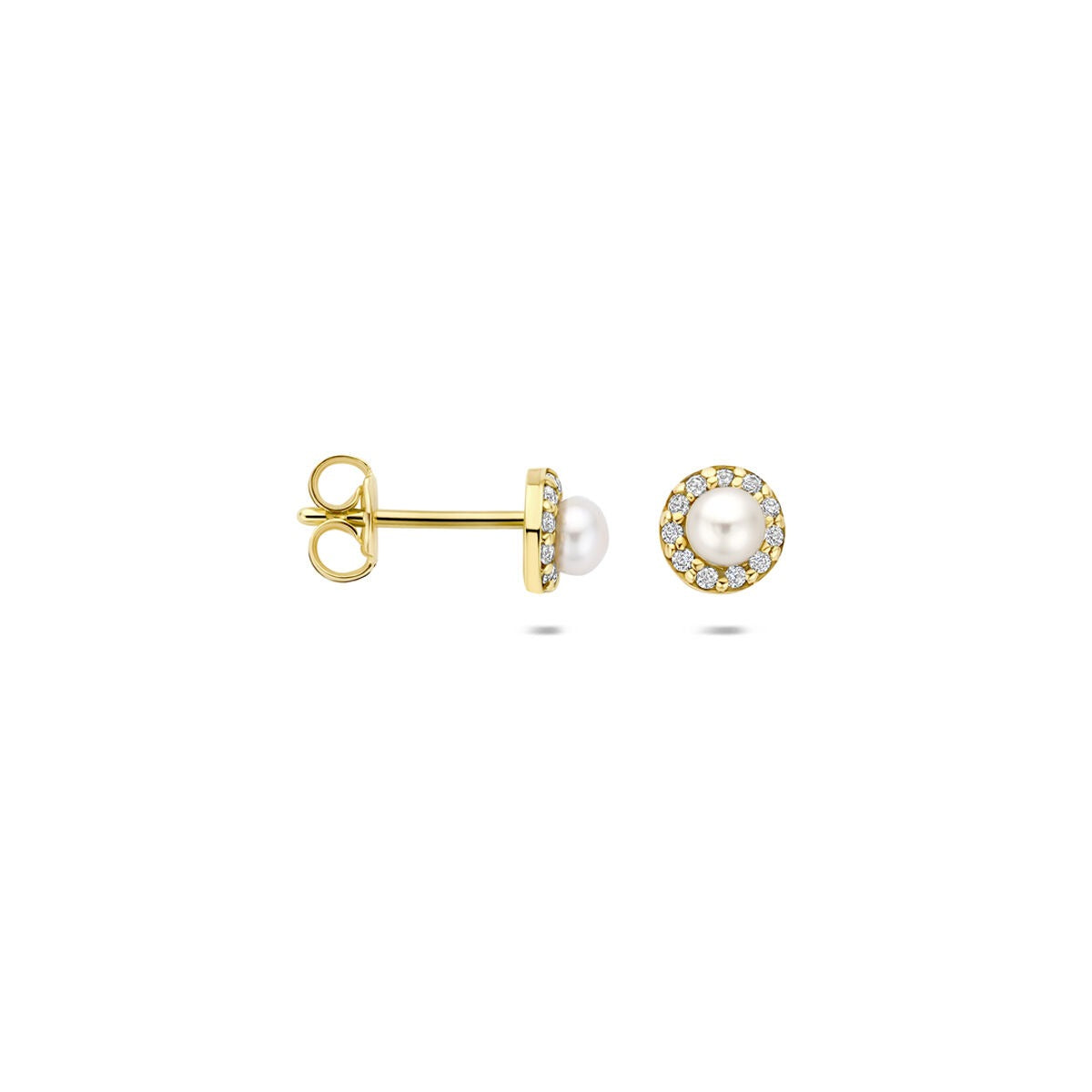 Orecchini a lobo in oro giallo 14k con perla e zirconia