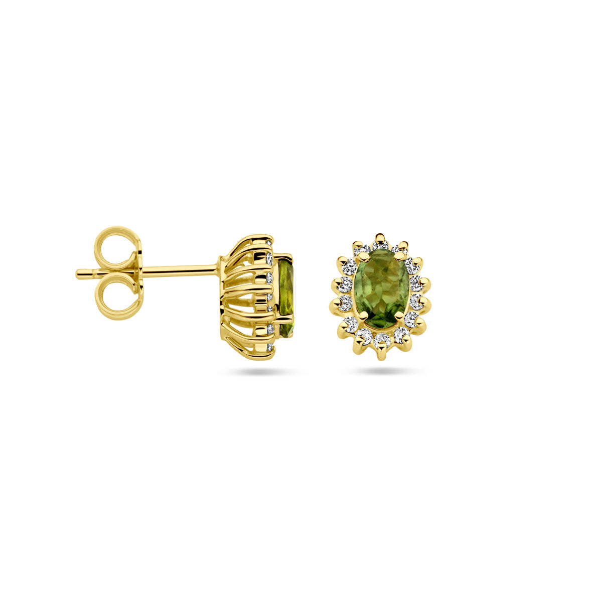 Orecchini a bottone in oro giallo 14K con tormalina e diamante