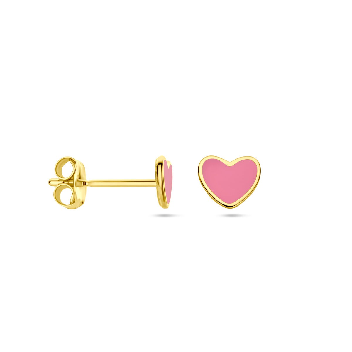 orecchini a bottone per bambini in oro giallo 14k – cuoricino con epoxy rosa