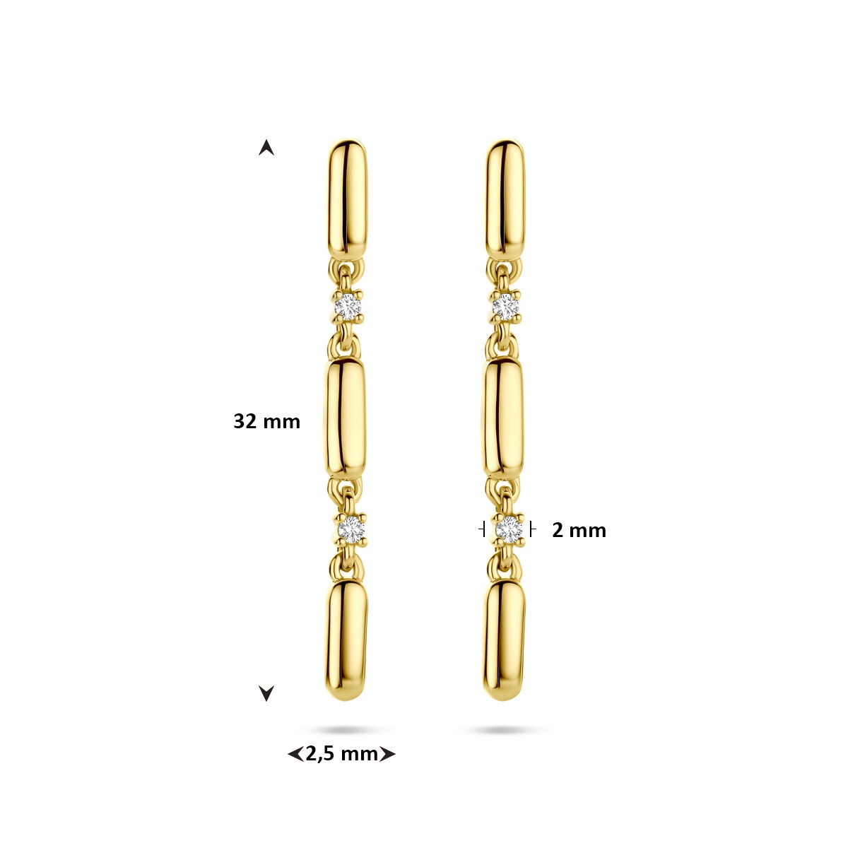 Orecchini pendenti in oro con diamante – oro giallo 14k, 0.06ct taglio brillante (2x 0.03ct) h si 32 mm