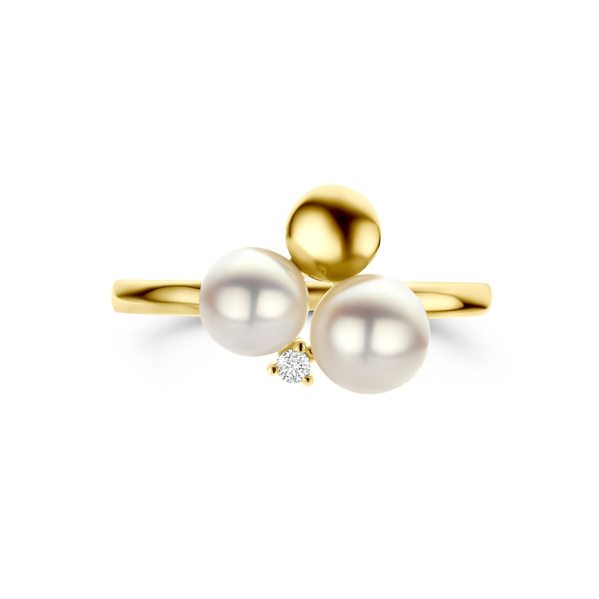 Anello da donna in oro giallo 14k con perla e diamante – largo 11 mm