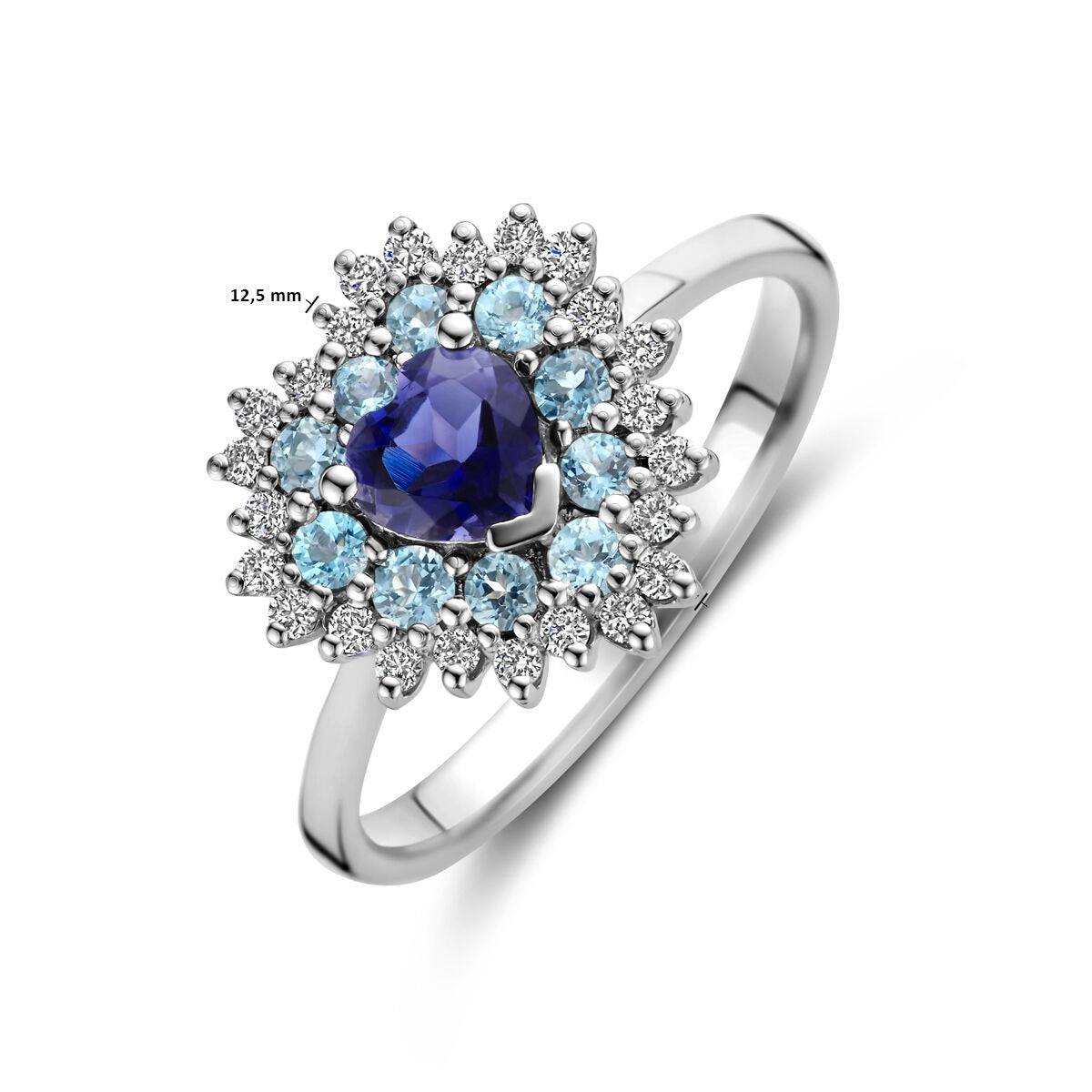 Anello in oro bianco a forma di cuore – Topazio london blue, ioliti e diamante