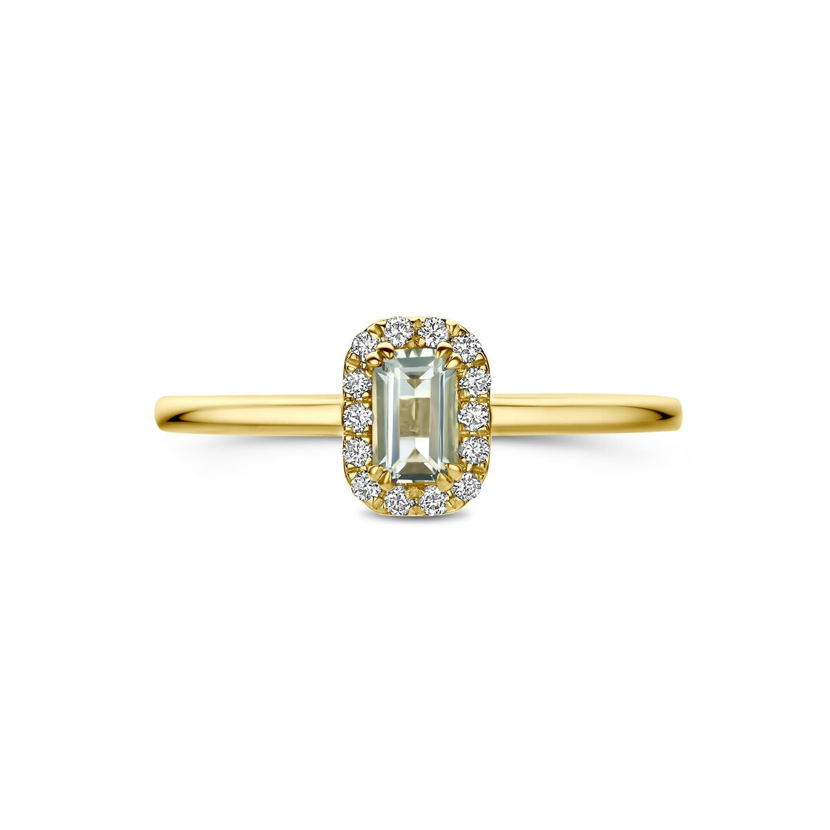 Anello entourage in oro giallo 14k con ametista verde e diamante lab grown