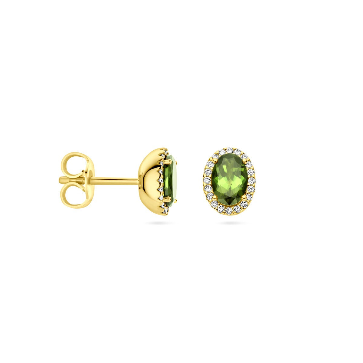 Orecchini a bottone in oro giallo 14k con tormalina e diamante