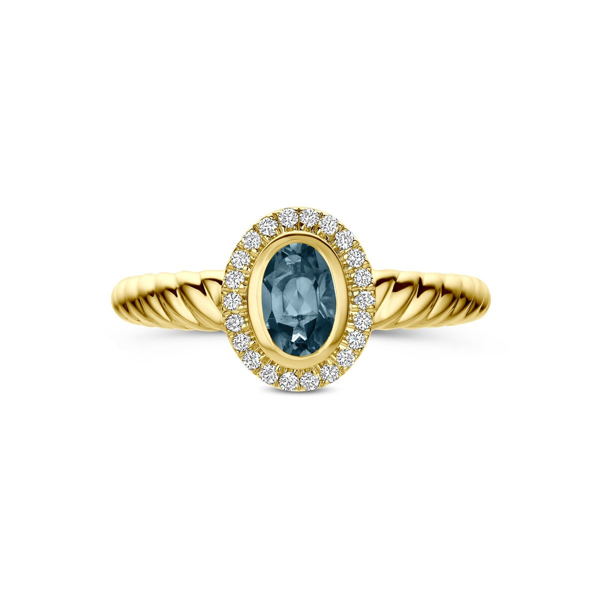 Anello in oro giallo 14k con topazio London blue e diamante lab grown