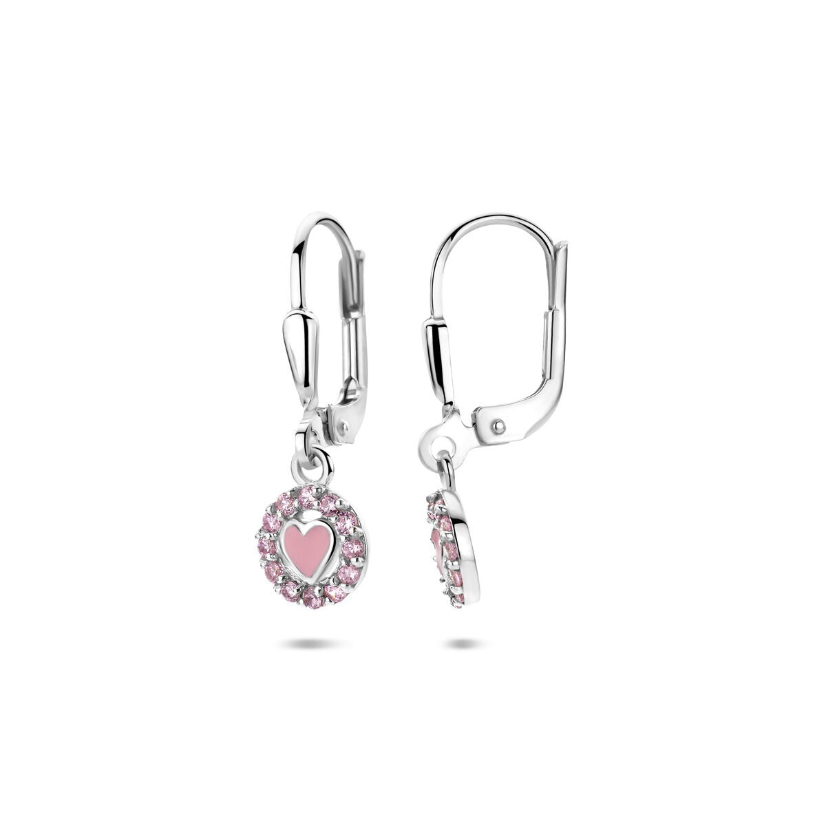 Orecchini pendenti in argento con cuore smaltato e zirconi rosa – 21 mm