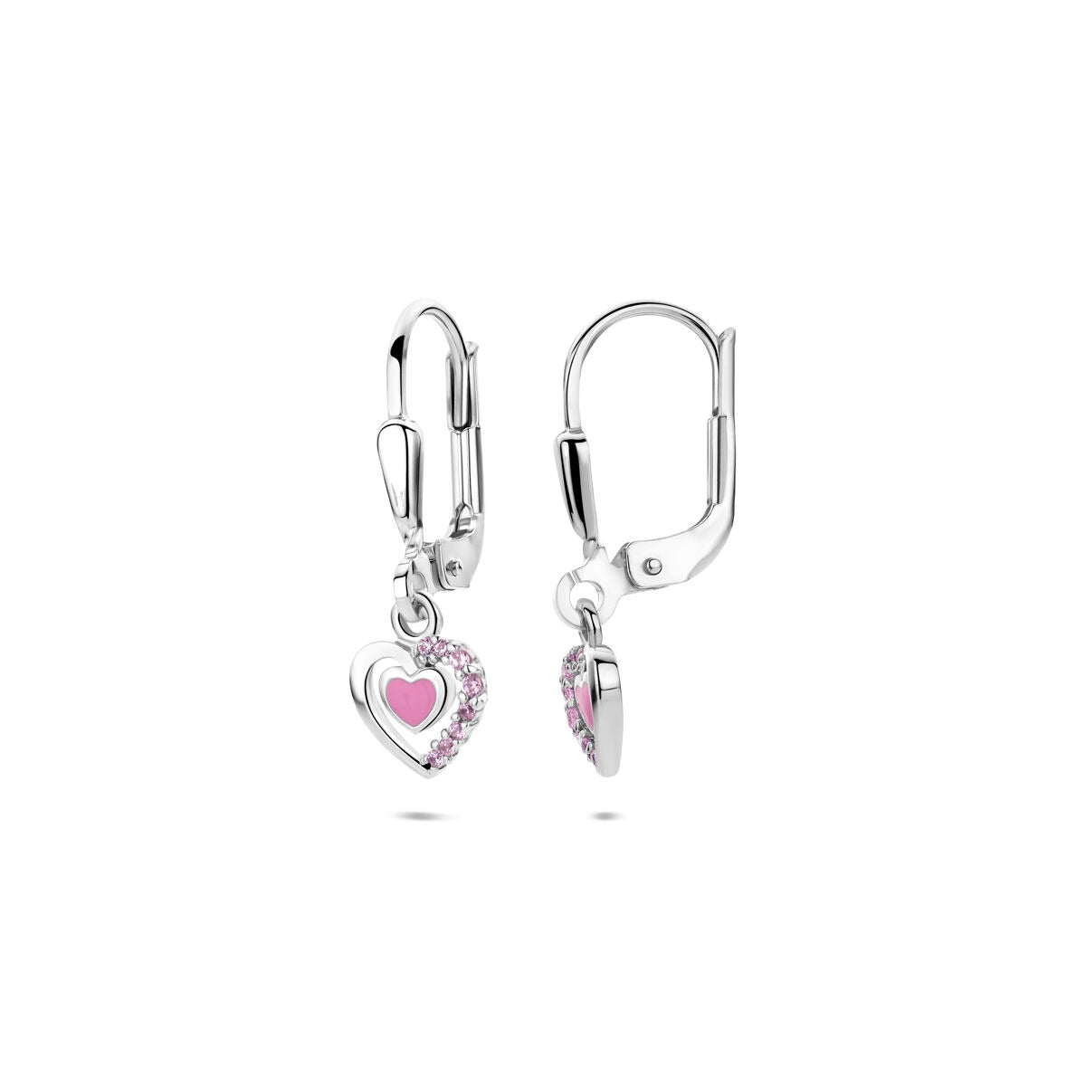 Orecchini pendenti in argento con cuore smaltato e zirconi rosa – 21 mm