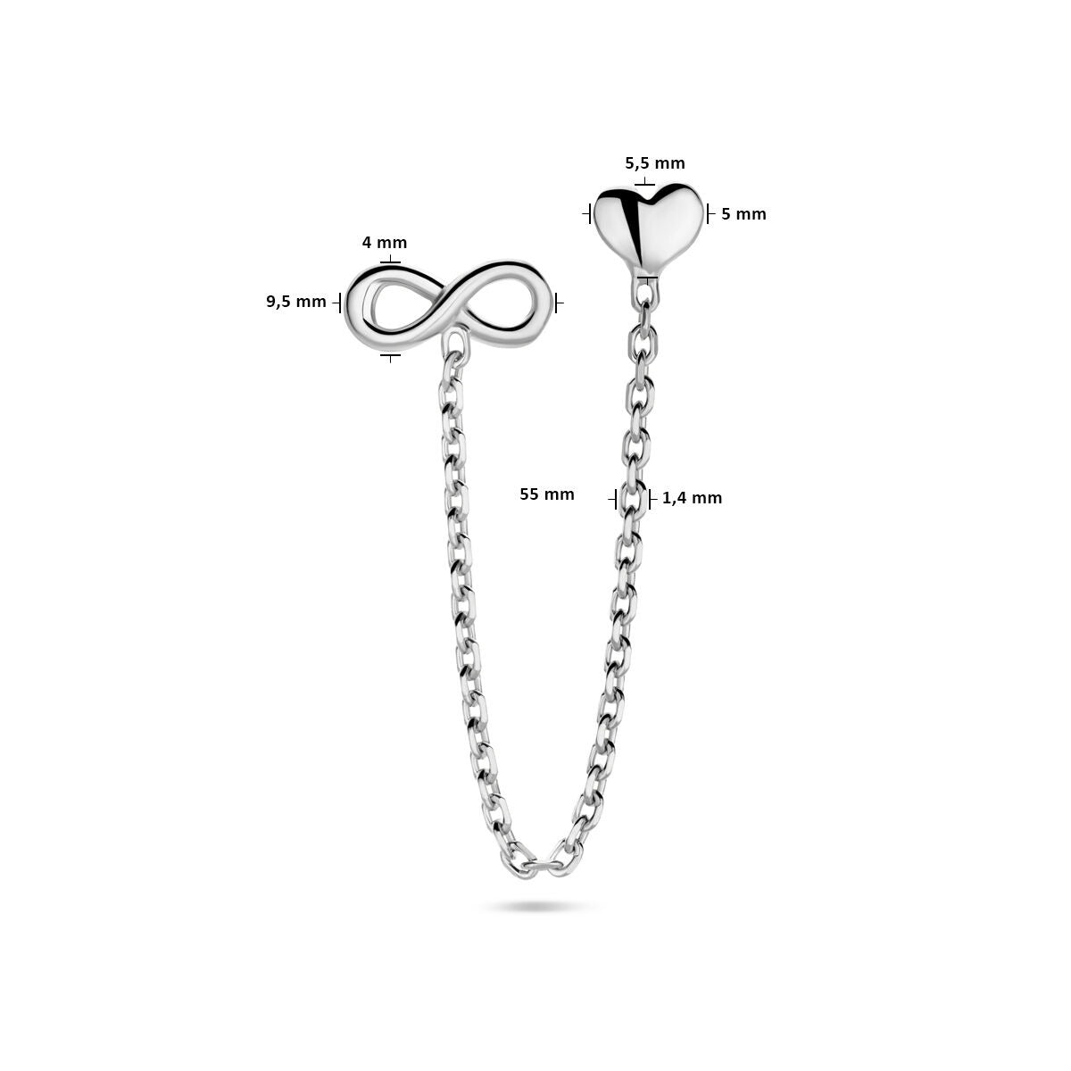 Orecchino a bottone in argento rodiato con cuore e simbolo dell'infinito