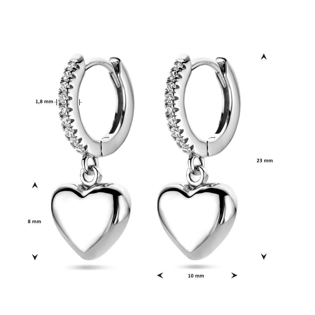 Orecchini a cerchio pieghevole in argento con cuore e zircone – argento 925 rodiato