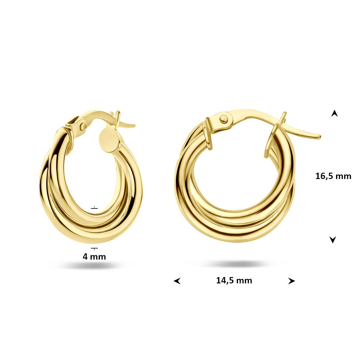 Orecchini a cerchio in oro giallo 14k 4 mm da donna con chiusura a scatto