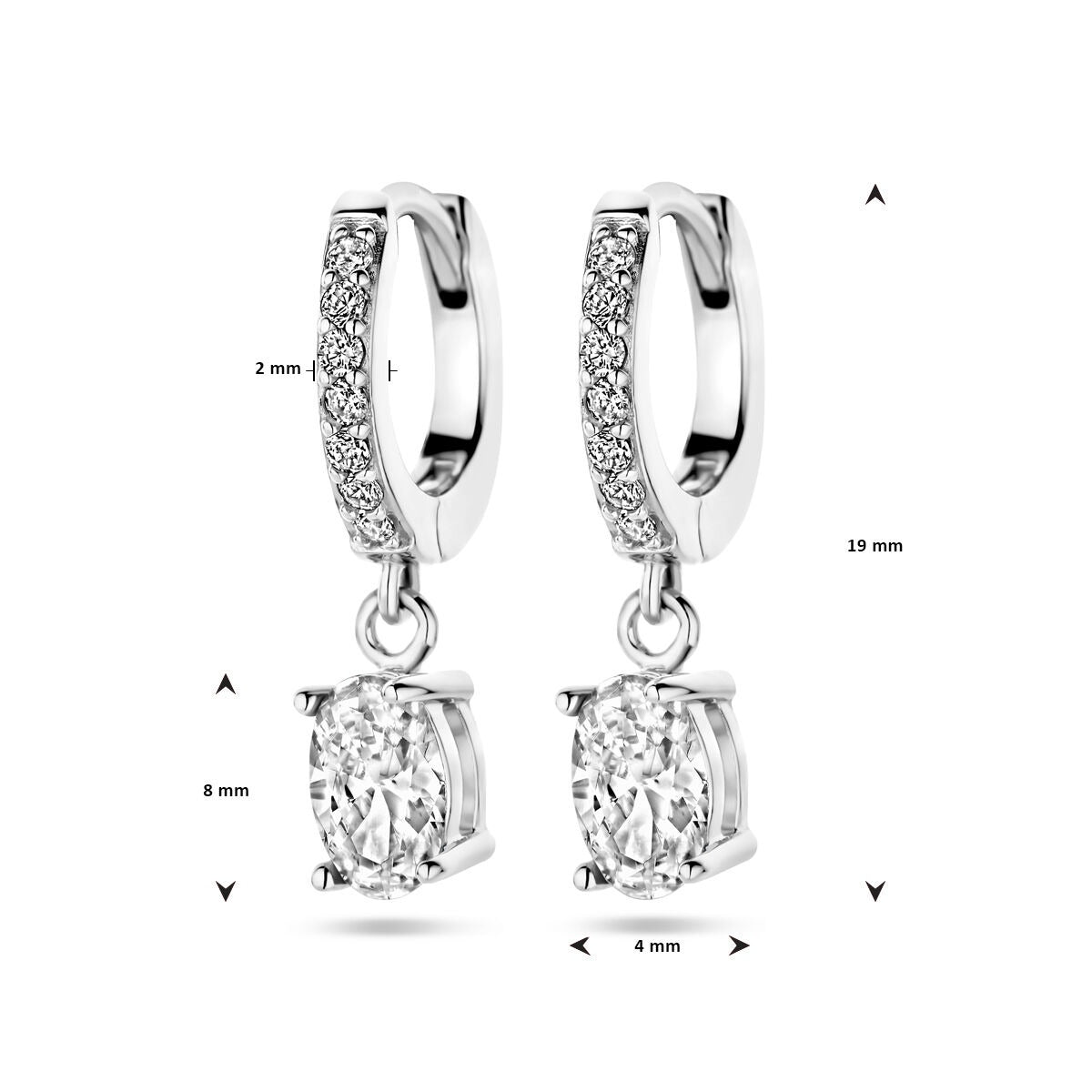 Orecchini a cerchio in argento rodiato con zircone ovale in montatura entourage