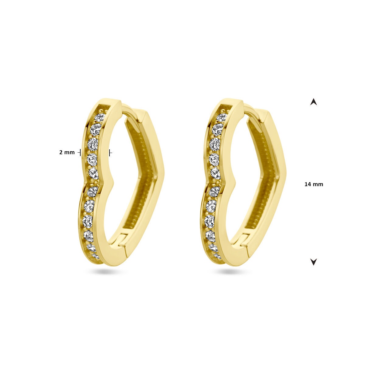 Orecchini a cerchio da donna in oro 14k con cuore e zircone – 14 mm