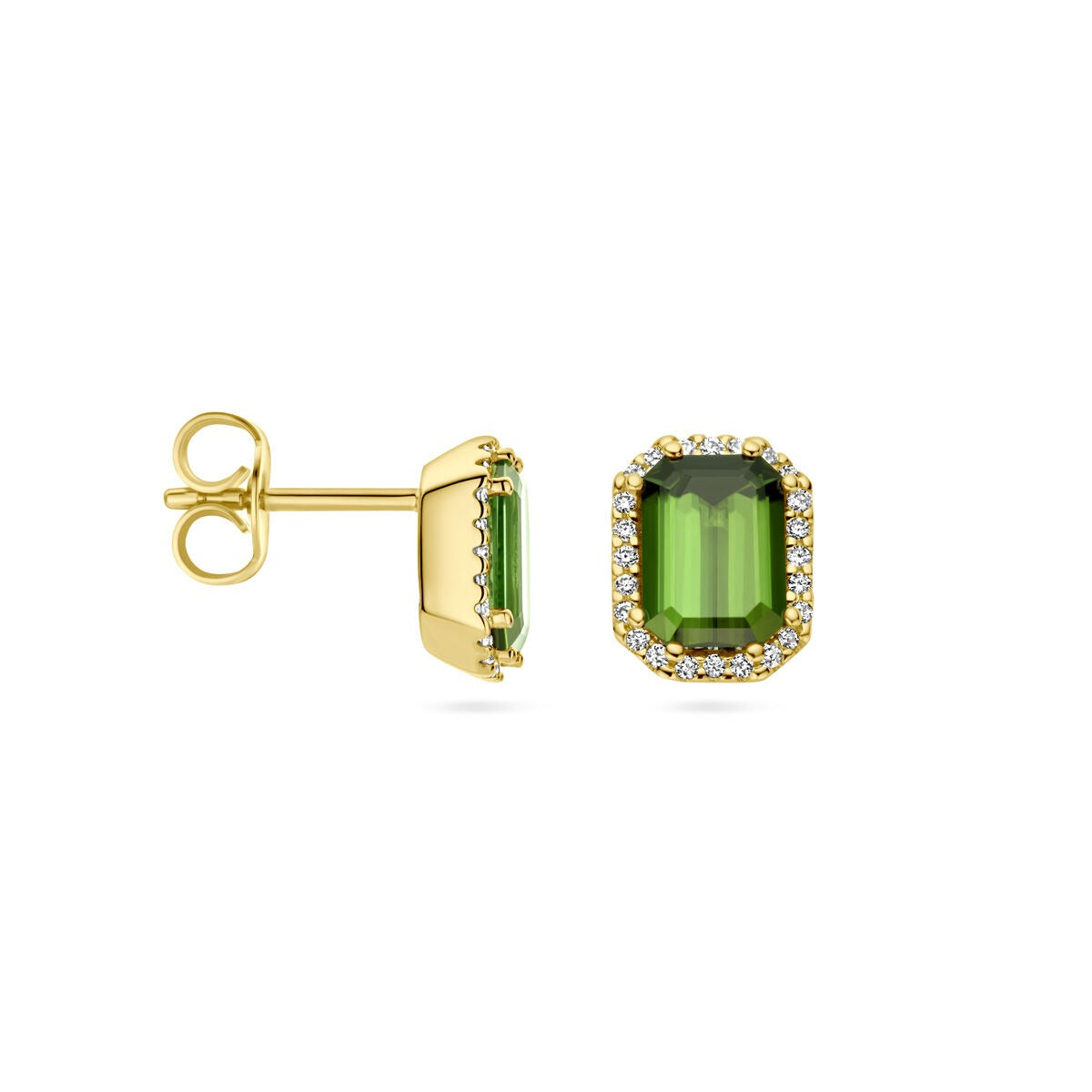 orecchini a bottone in oro giallo 14k con tormalina e diamante