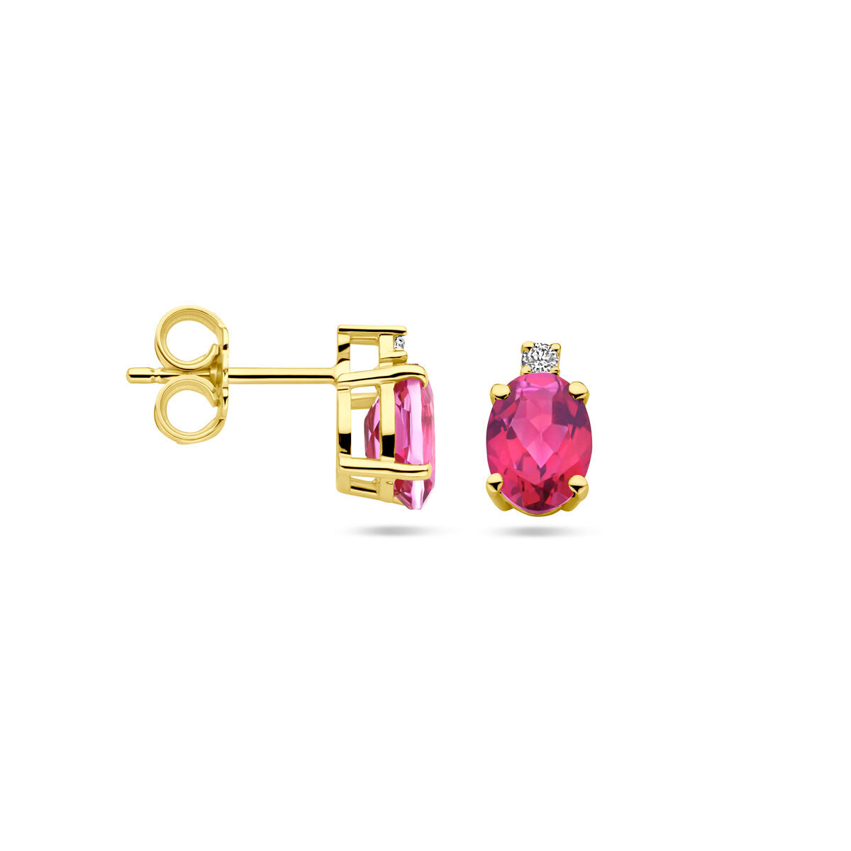 Orecchini a bottone in oro giallo 14k con topazio rosa e diamante