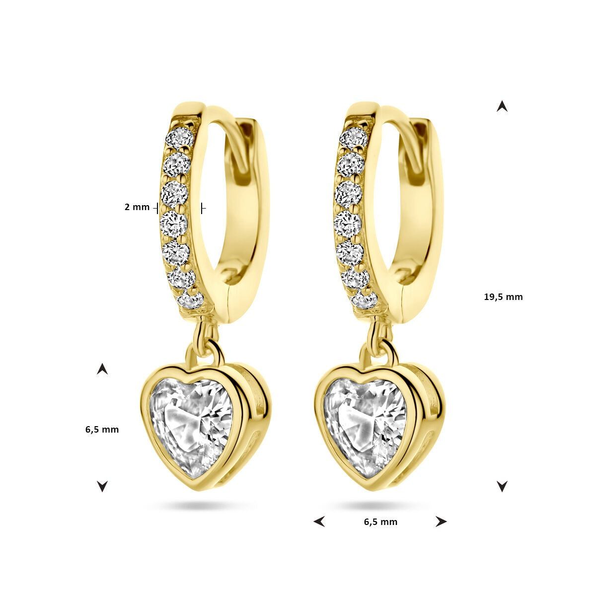 Orecchini a cerchio in argento dorato con zirconia a forma di cuore ed entourage