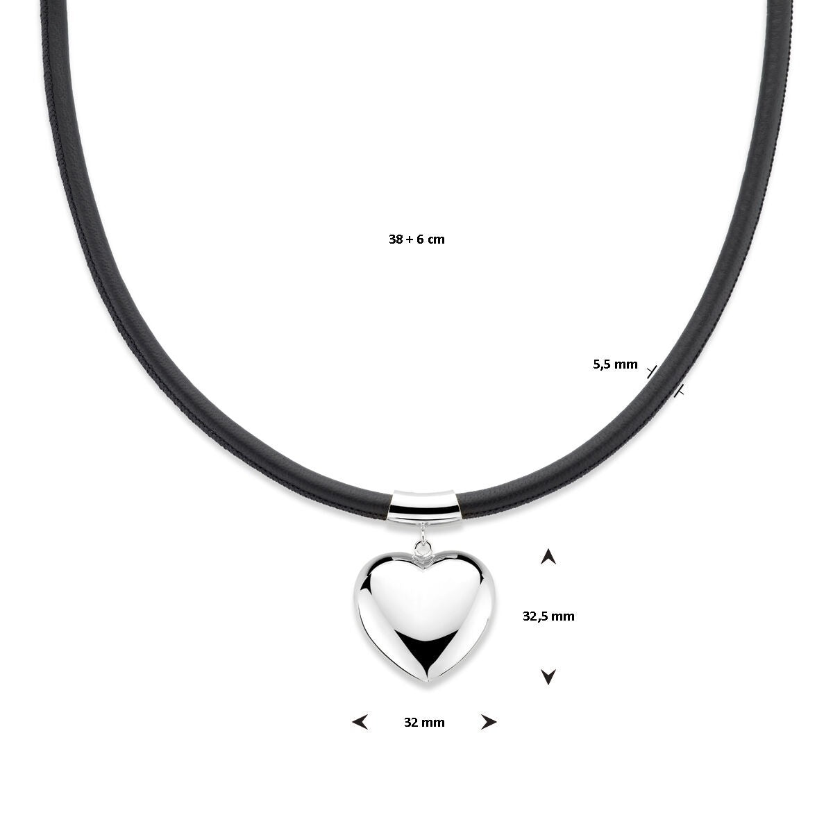 Collana in argento rodiato con cuore e cordino nero
