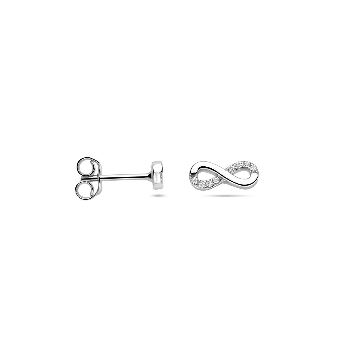 Orecchini a bottone infinity in argento rodiato con zirconia